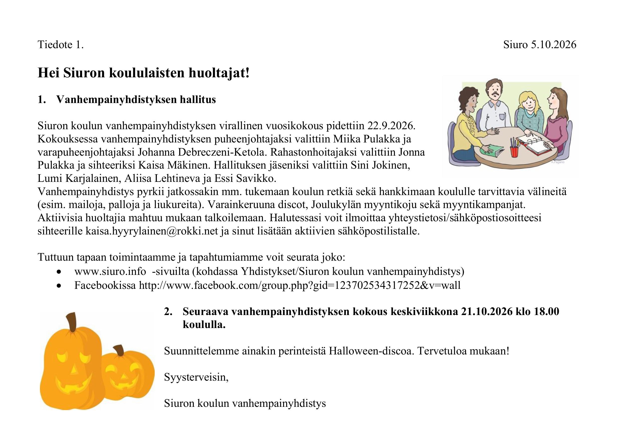 Tiedote 1 hallitus ja seuraava kokous 211026